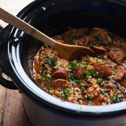 Crockpot Creole Chicken and Sausage - 10 minute prep for this hearty dinner, made healthier with beans and peppers. 300 calories. | pinchofyum.com