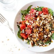 Chopped Watermelon Chicken Salad - blue cheese, watermelon, almonds, spinach, chicken, and a balsamic reduction. Like summer on a plate! 300 calories. | pinchofyum.com