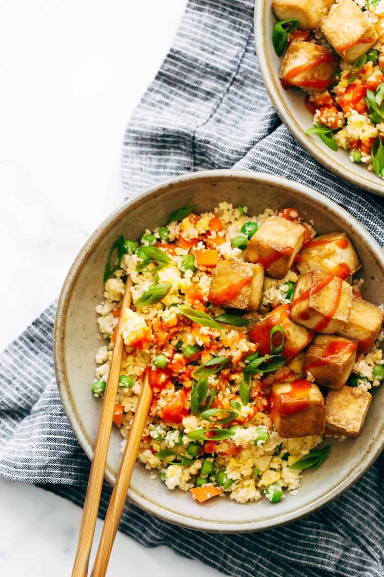 Cauliflower fried rice with crispy tofu.