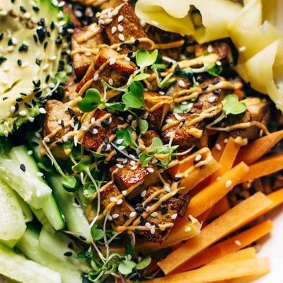 Dynamite Plant Power Sushi Bowl with carrots, cucumber, avocado, ginger and tofu.