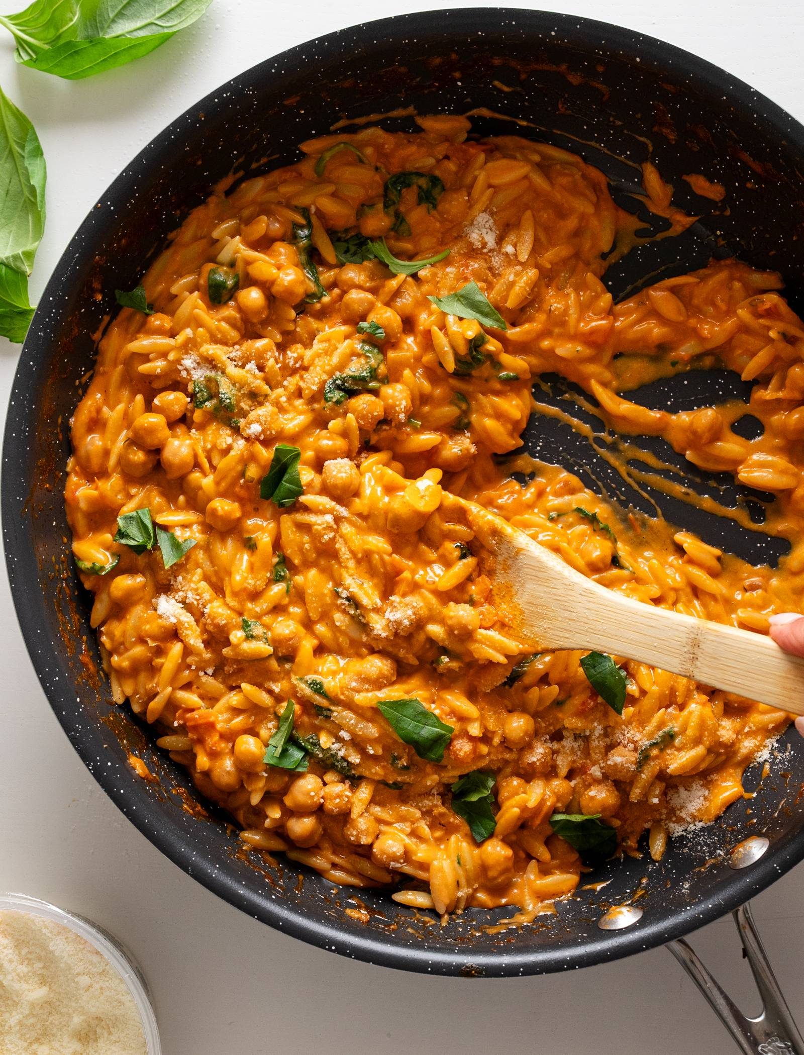 Marry Me Chickpeas and Orzo in a skillet.