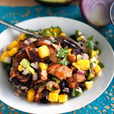 A picture of Caribbean Jerk Salmon Bowl with Mango Salsa