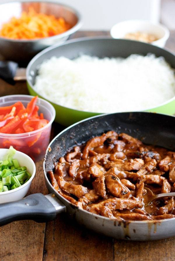 Hoisin pork in a skillet.