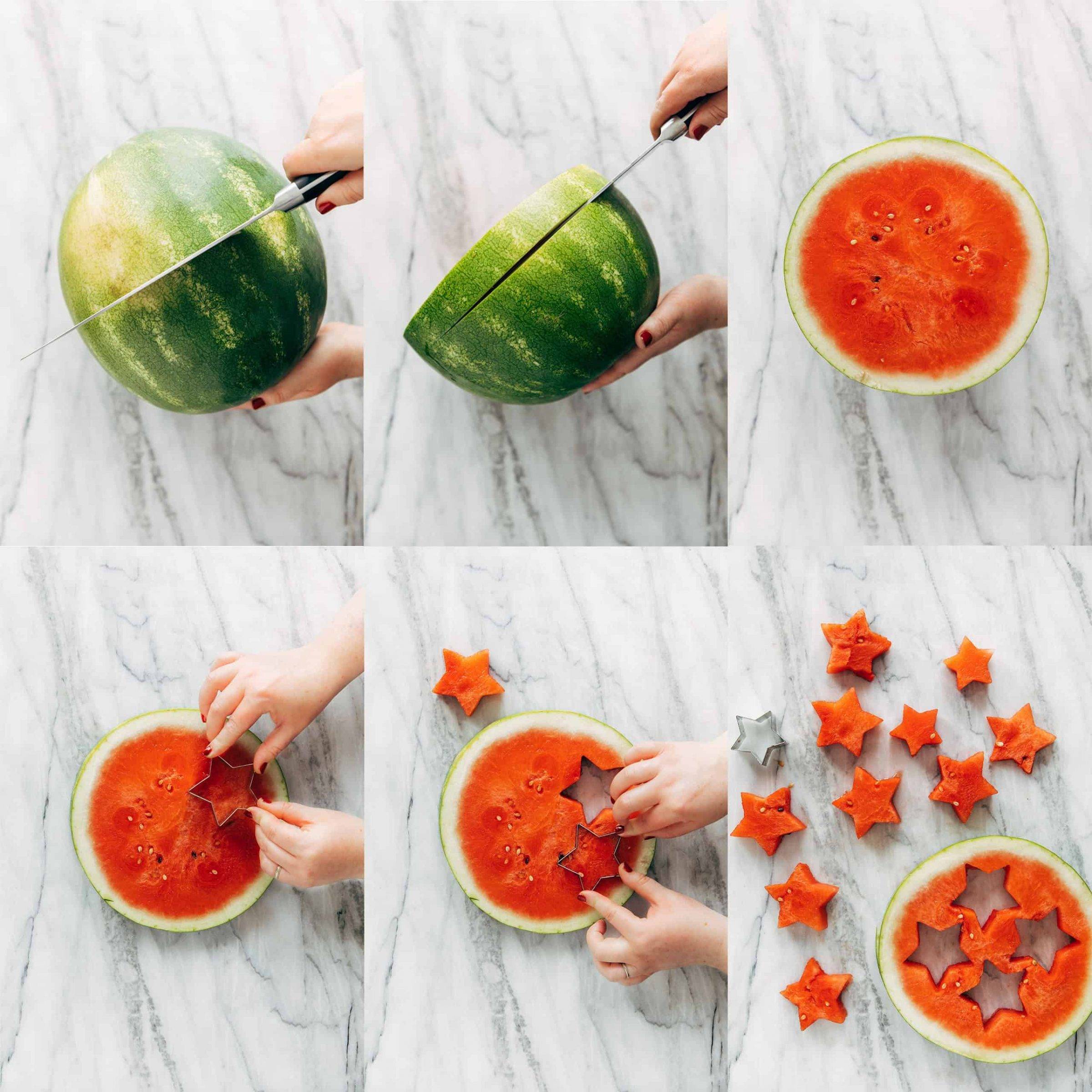Collage showing how to cut a watermelon into stars. 
